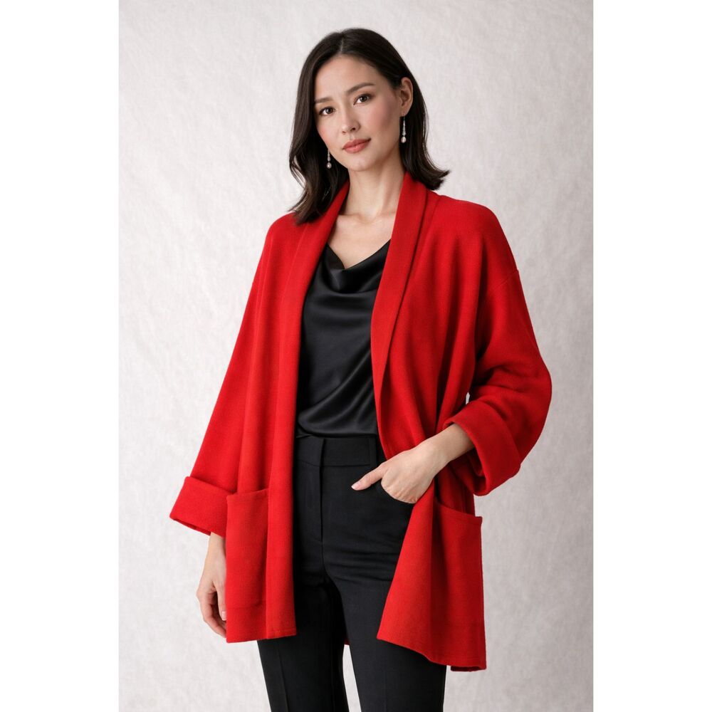 Coldwater Creek Cardigan PXL Red 100% Wool Open Front Chunky Knit Sweater